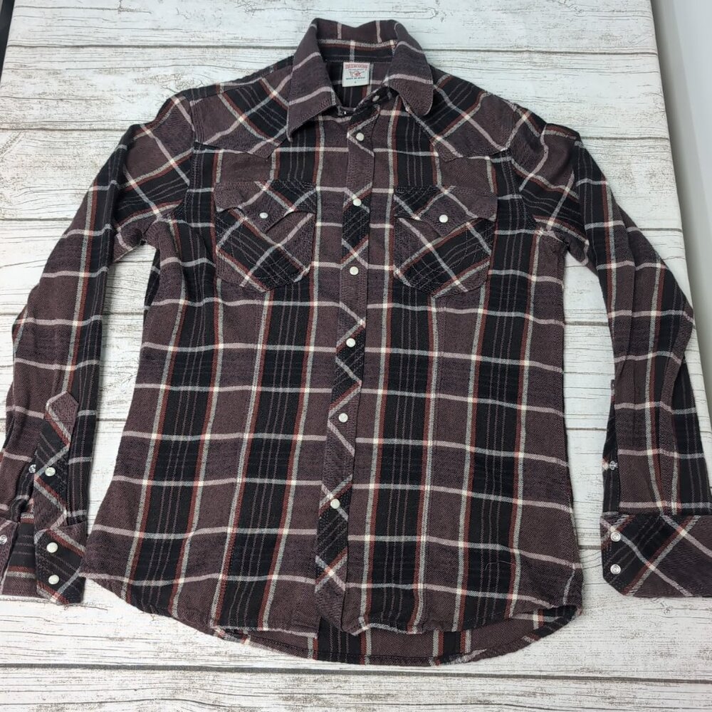 True Religion Brown Flannel Plaid Western Pearl Snap Y2K Shirt Men Large